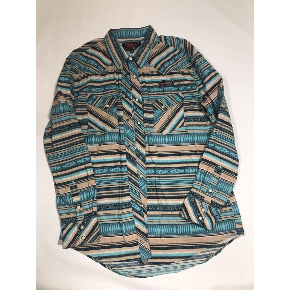 Rock & Roll Denim Pearl Snap Shirt Mens XL turquoise Aztec Western